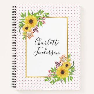Carnet Tournesols d'aquarelle, pois roses et blancs