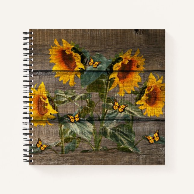 Carnet Tournesols Papillons Panneau Bois Rustique (Devant)