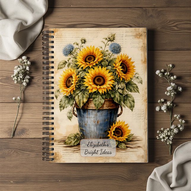 Carnet Tournesols vintage dans un seau rustique (Créateur téléchargé)