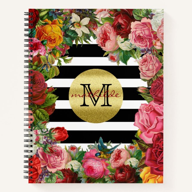 Carnet Trendy Monogram Stripes Rose Fleurs Parties scinti (Devant)