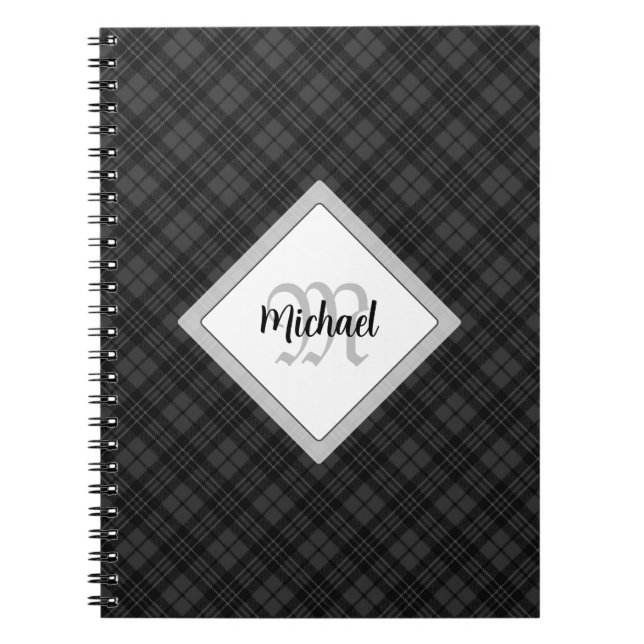 Carnet Trendy noir blanc tartan Personnaliser Monogramme (Devant)