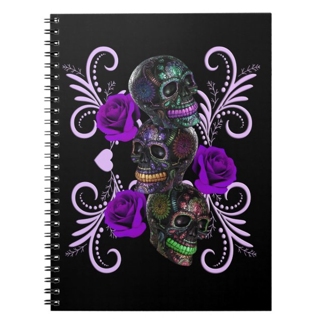 Carnet Triple Black Day Of The Dead Skulls Purple Roses (Devant)