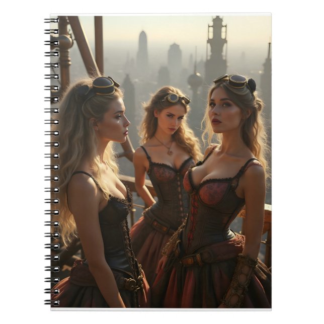 Carnet Trois femmes Steampunk se tiennent au sommet d'une (Devant)