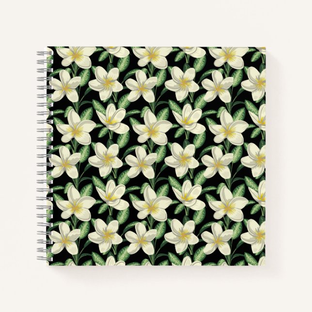 Carnet Tropical continu motif fleurs blanches feuille ver (Devant)