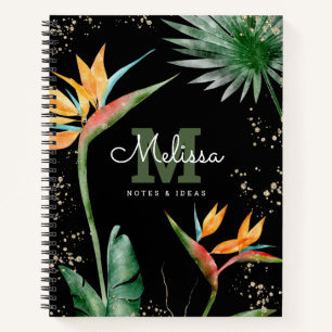 Carnet Tropical Island Floral Black Gold Monogramme Scrip