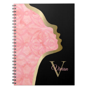 Carnet Tulip Rose Noir Et Or Face Monogramme Nom Noteb