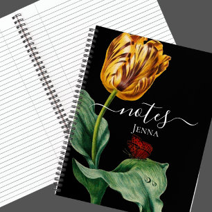 Carnet Tulipe botanique rouge et jaune sur fond noir