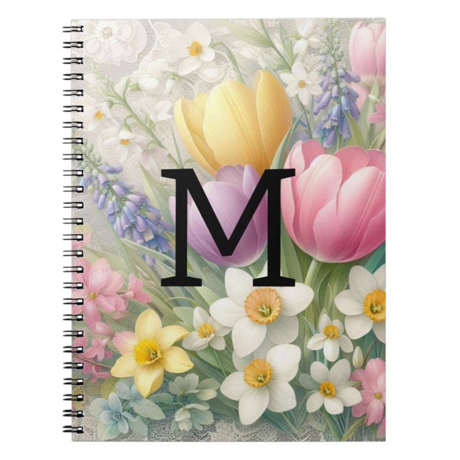 Carnet Tulipes jonquilles dentelle florale monogramme pas (Devant)