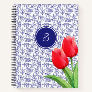 Carnet Tulipes rouges élégantes Monogramme bleu floral de