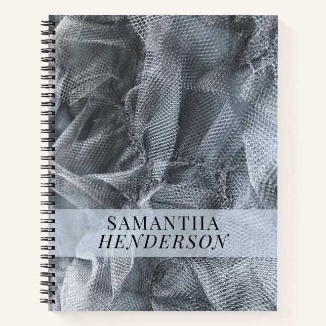 Carnet Tulle Toile Nom Monogramme Élégant Noir Gris (Devant)