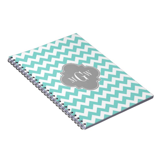 Carnet Turq / Aqua Blanc Chevron Gris 3 Monogramme Initia (Côté Droit)