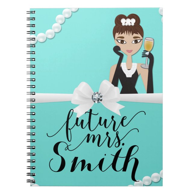 Carnet Turquoise Blanc Nœud Perles Vin Futur Mme. (Devant)