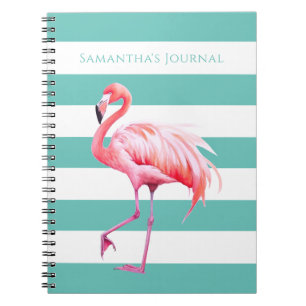 Carnet Turquoise blanc rayures Flamant rose rose Nom pers