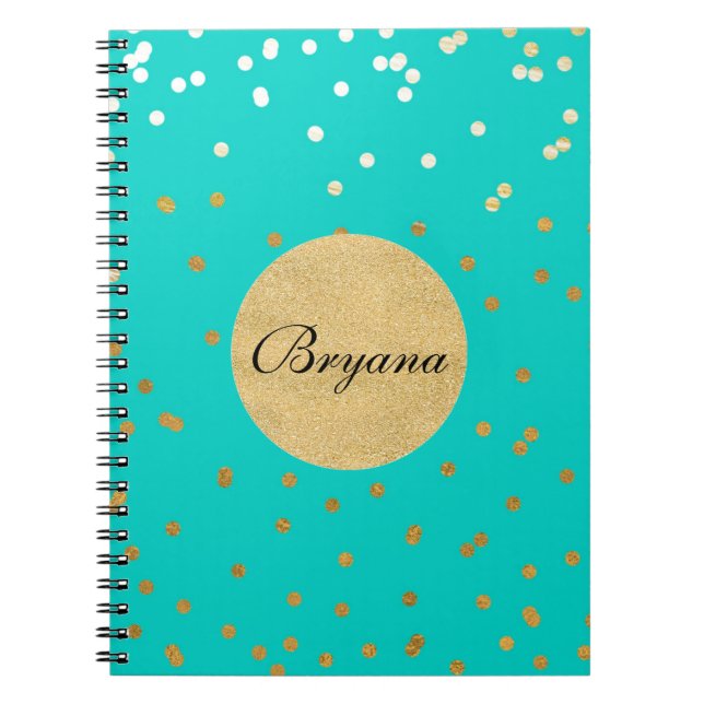 Carnet Turquoise Bleu & Or Confetti Brillants Points Mode (Devant)
