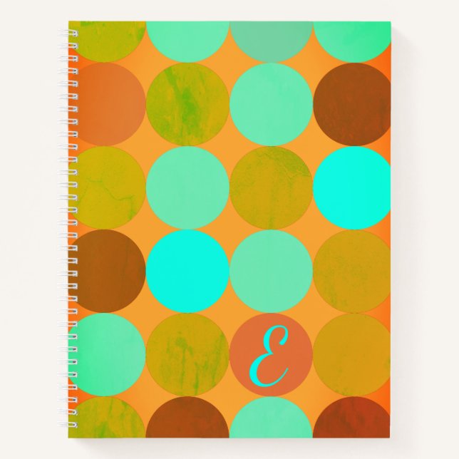 Carnet Turquoise Bleu Vert & Cercles Orange Monogramme (Devant)