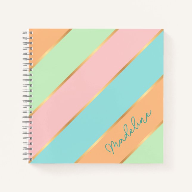 Carnet Turquoise Bleu Vert Personnalisé Rayure Rose (Devant)