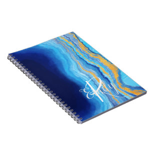 Carnet Turquoise et bleu Agate Marbre Nom Abstrait Monogr