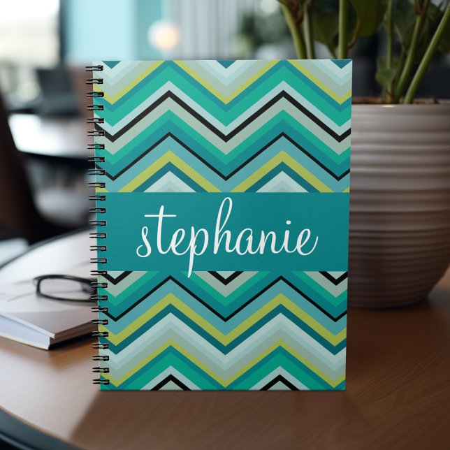 Carnet Turquoise et vert Huge Chevron Motif Nom personnal (Personalized notebook - add name and custom text)