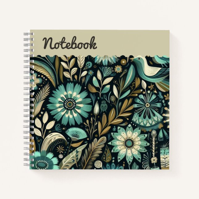Carnet Turquoise fleuri Haut étiquette carré (Devant)