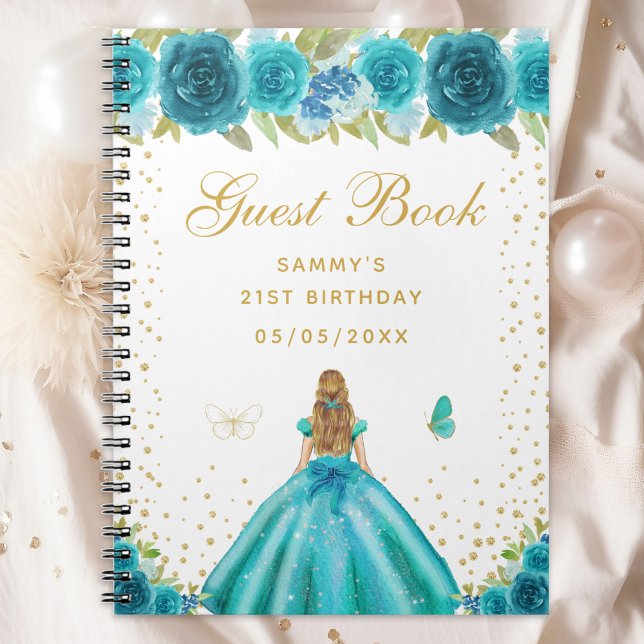 Carnet Turquoise Floral Blonde Hair Princess Guest Book (Créateur téléchargé)