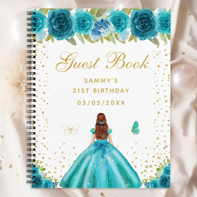 Carnet Turquoise Floral Brown Hair Princess Guest Book (Créateur téléchargé)