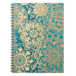 Carnet Turquoise Motif de Mandala Floral vert et or