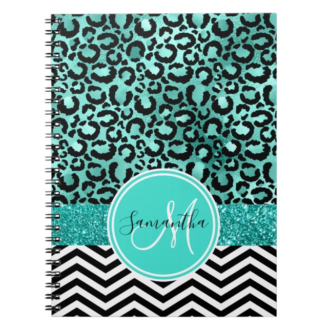 Carnet Turquoise sarcelle Faux Paillettes Imprimé Léopard (Devant)