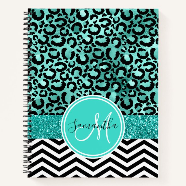 Carnet Turquoise sarcelle faux paillettes imprimé léopard (Devant)