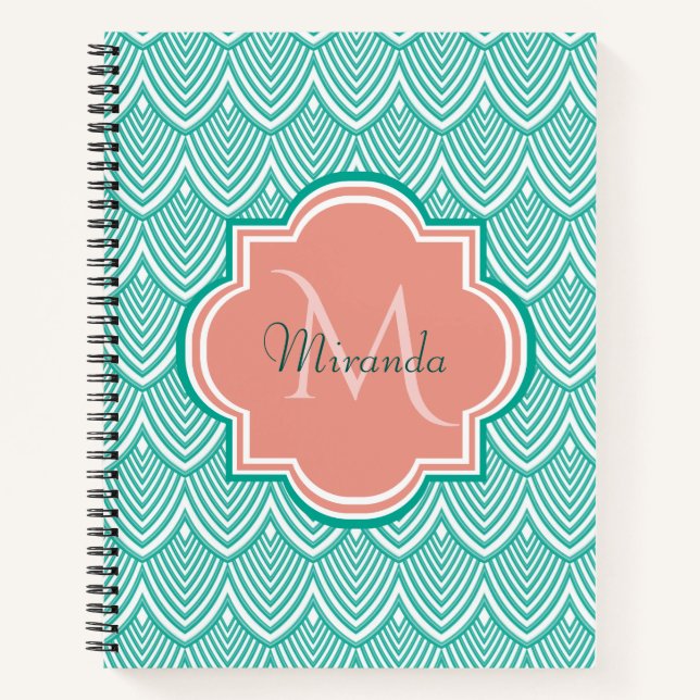 Carnet Turquoise Vert Art Déco Poissons Écailles Rose Mon (Devant)