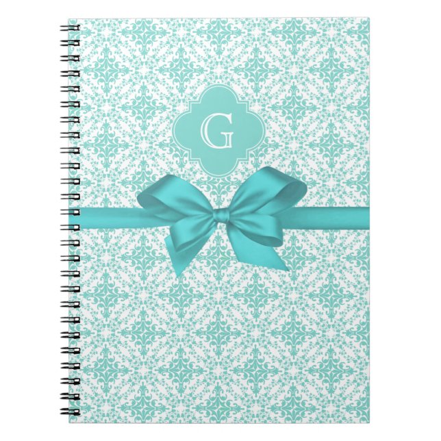 Carnet Turquoise Wht Damask #2 Turquoise Label Bow (Devant)