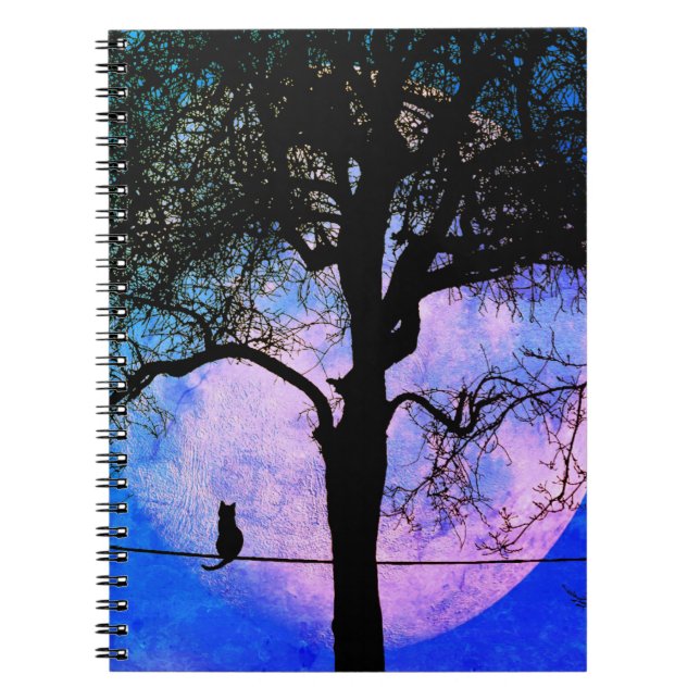 Carnet Un chat noir sur un fil pleine lune (Devant)
