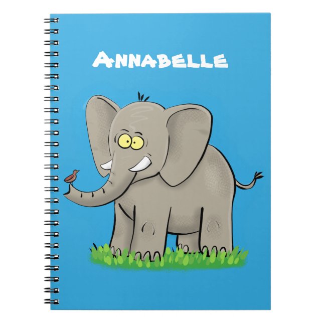 Carnet Un joli éléphant drôle avec un oiseau sur le tronc (Devant)