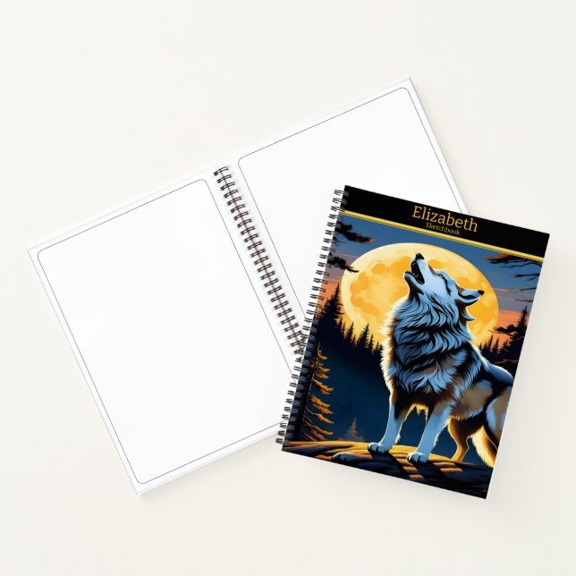 Carnet Un loup serpente la lune dans la nuit tranquille (Intérieur)