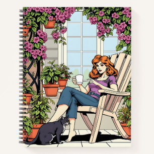 Carnet Une femme avec café, chat et Plante