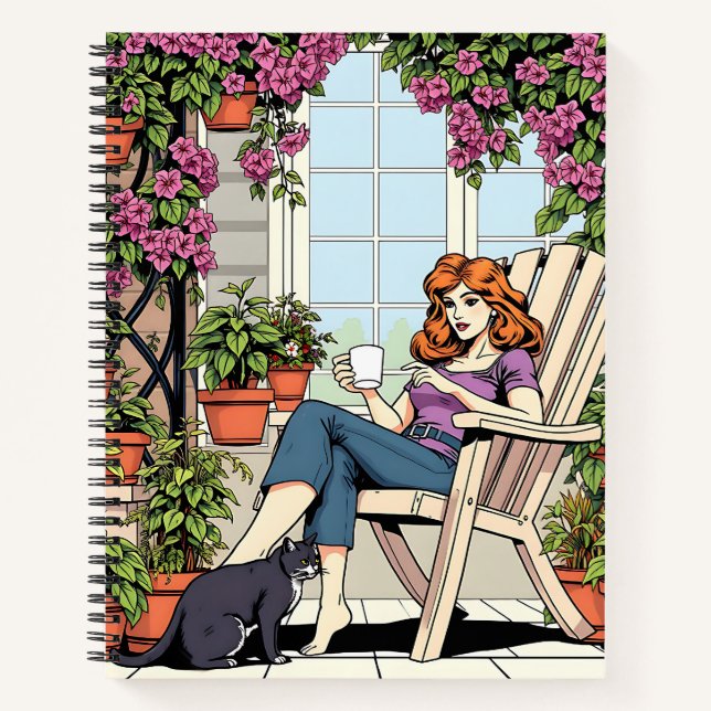 Carnet Une femme avec café, chat et Plante (Devant)