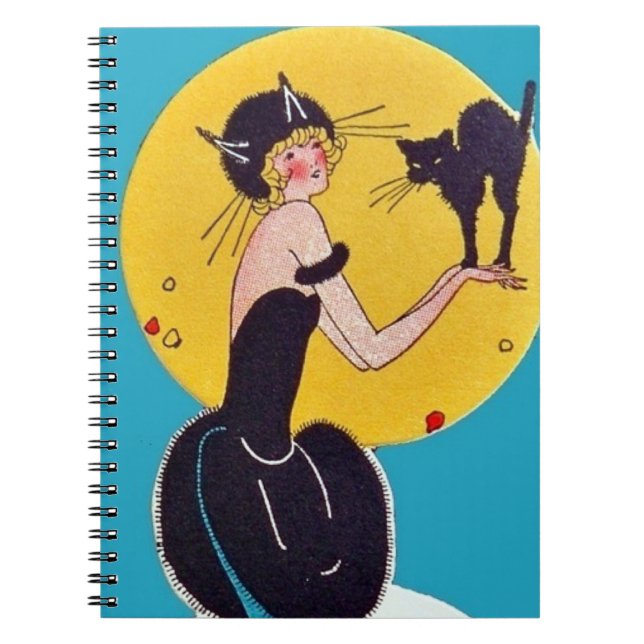Carnet Une fille en costume de chat avec son chat noir (Devant)