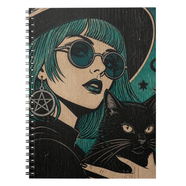 Carnet Une sorcière avec son chat noir Gravure sur bois (Devant)