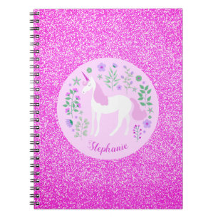Carnet Unicorn Parties scintillant rose Nom personnalisé