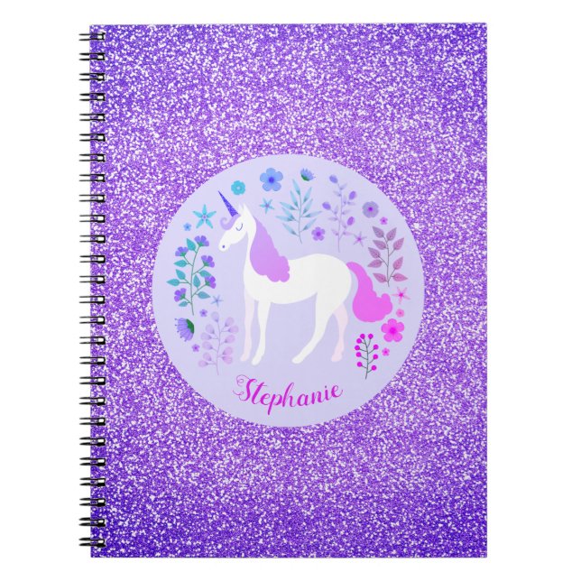 Carnet Unicorn Purple Parties scintillant Nom personnalis (Devant)