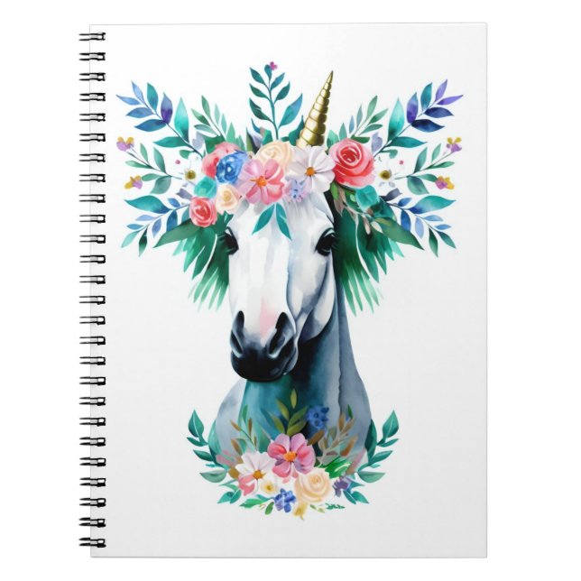Carnet Unicorne aquarelle avec couronne de fleurs (Devant)