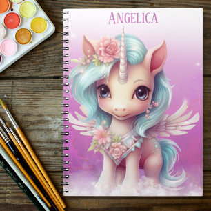 Carnet Unicorne dans le ciel rose, nuages et étoiles & no