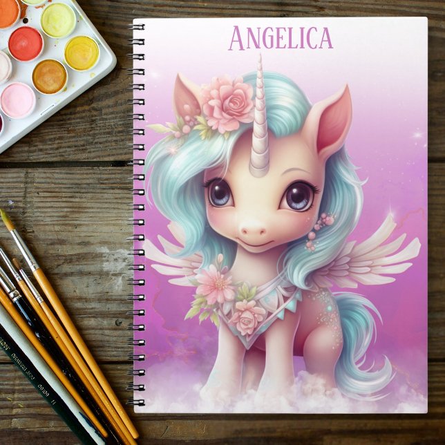 Carnet Unicorne dans le ciel rose, nuages et étoiles & no (Créateur téléchargé)