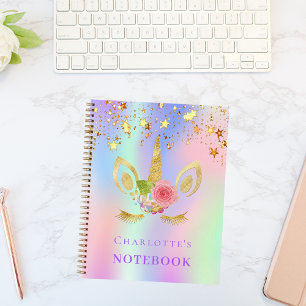 Carnet Unicorne face or rose étoiles holographique
