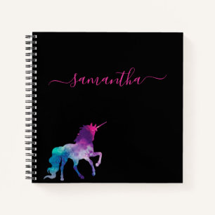 Carnet Unicorne violet rose noir script monogramme