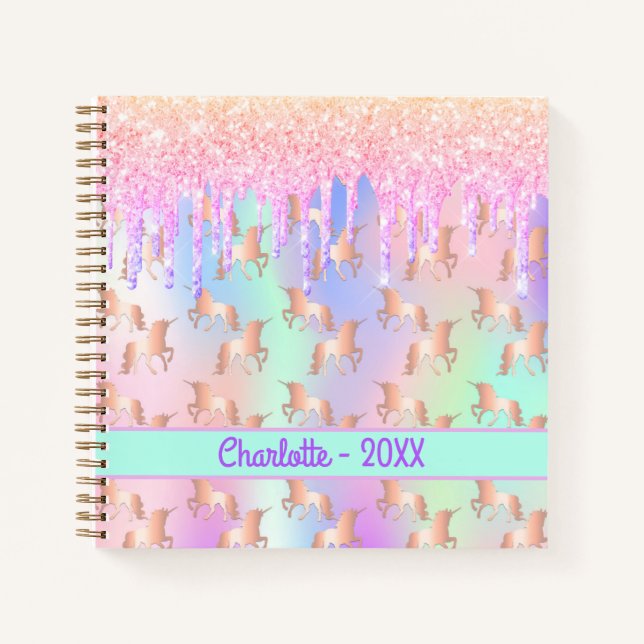 Carnet Unicorns nom rose holographique fille (Devant)