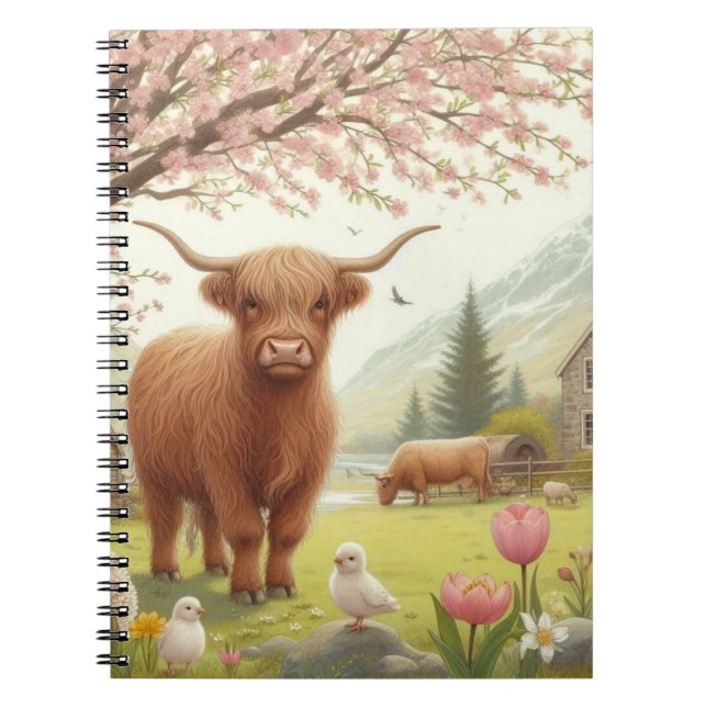 Carnet Vache des hautes terres mignonne, florale/printani (Devant)