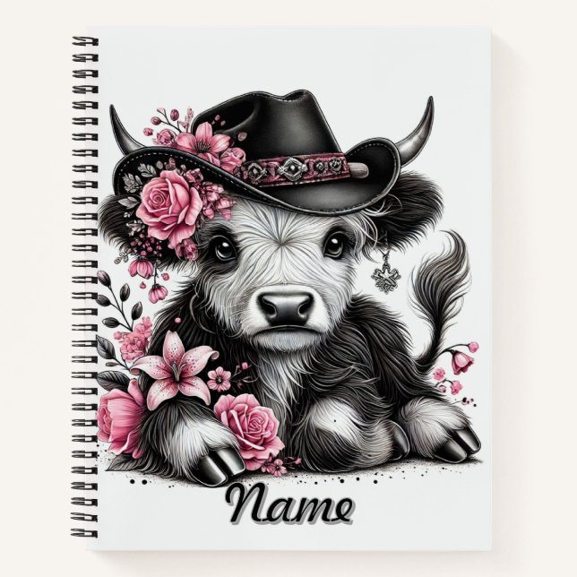 Carnet Vache des Highlands avec chapeau floral (Devant)
