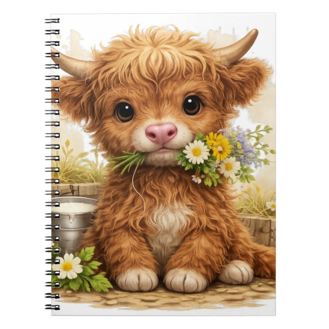 Carnet Vache des Highlands mignonne avec des fleurs Cotta (Devant)
