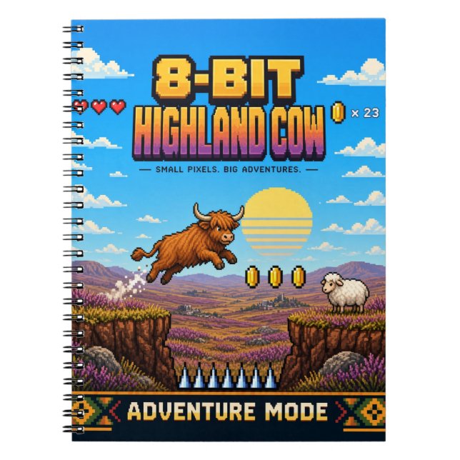 Carnet Vache des Highlands, Rétro Pixel Art 8-Bit (Devant)