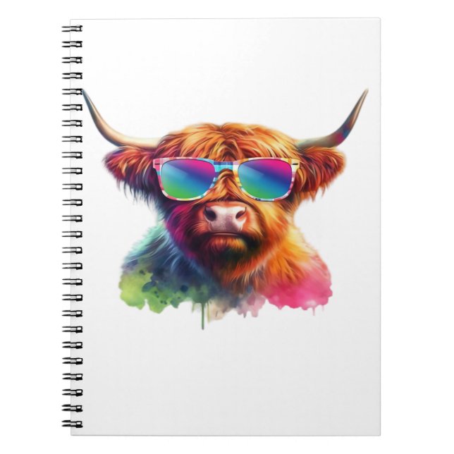 Carnet Vache écossaise Highland en lunettes de soleil Eau (Devant)
